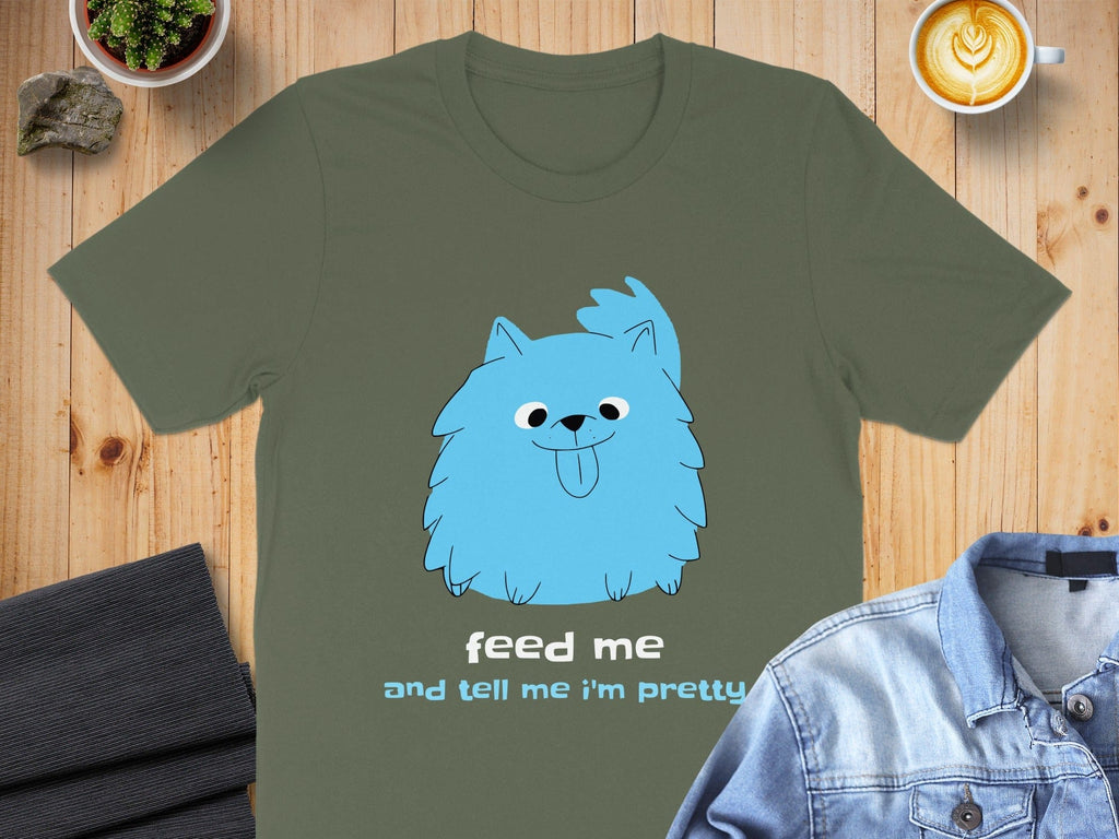 Feed Me Blue Cartoon Dog Graphic T-shirt
