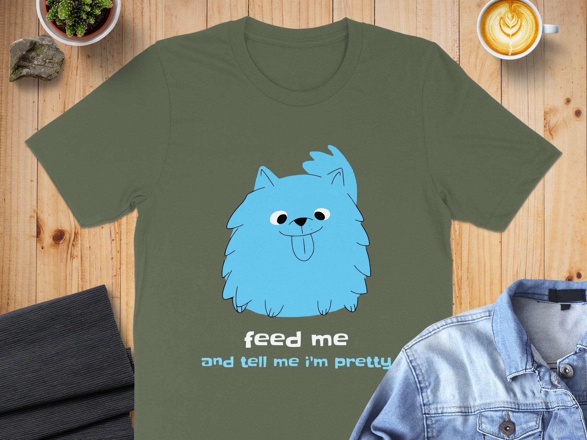 Feed Me Blue Cartoon Dog Graphic T-shirt