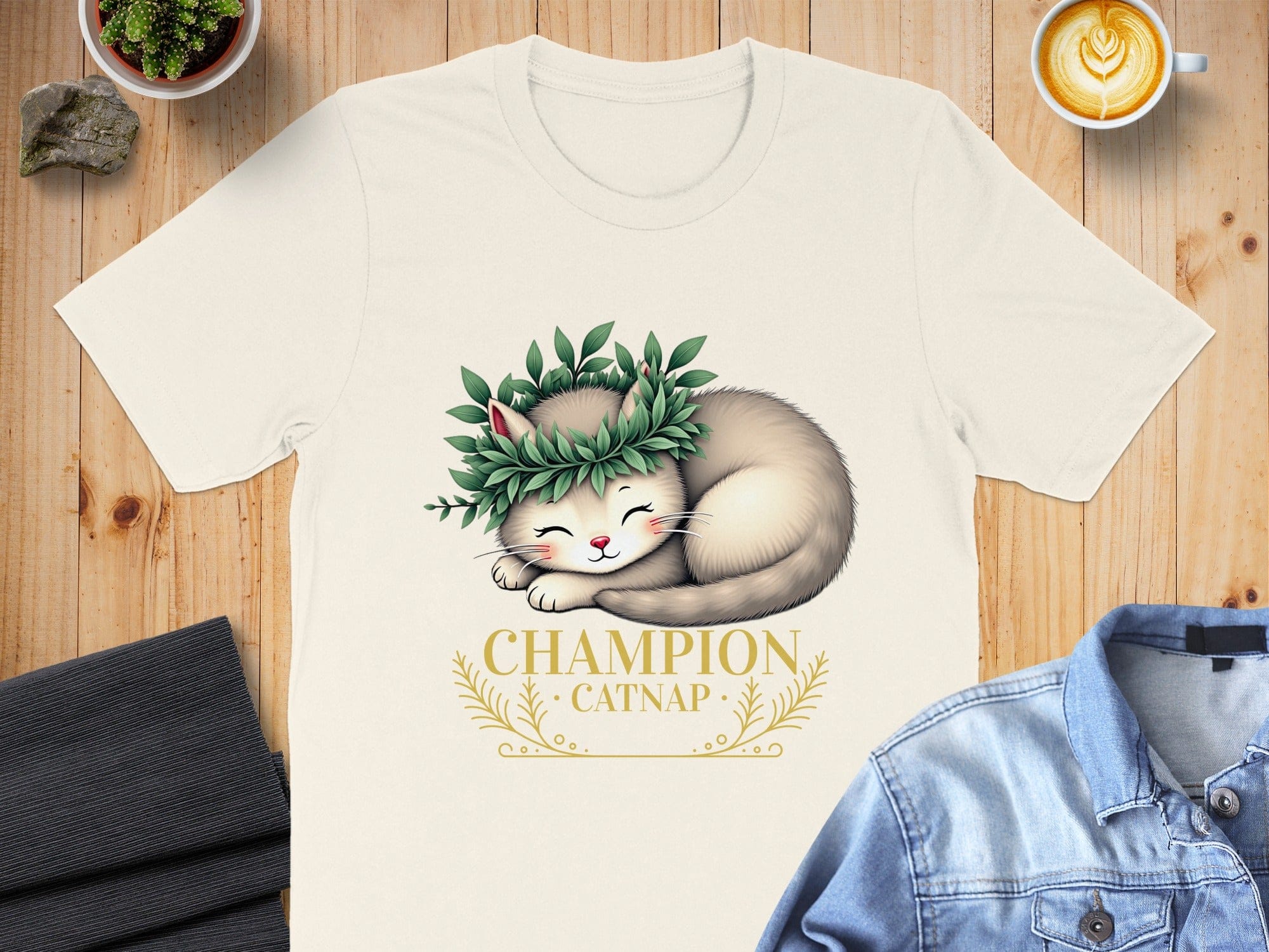 Champion Catnap Design Cute Cat with Leaf Crown Shirt