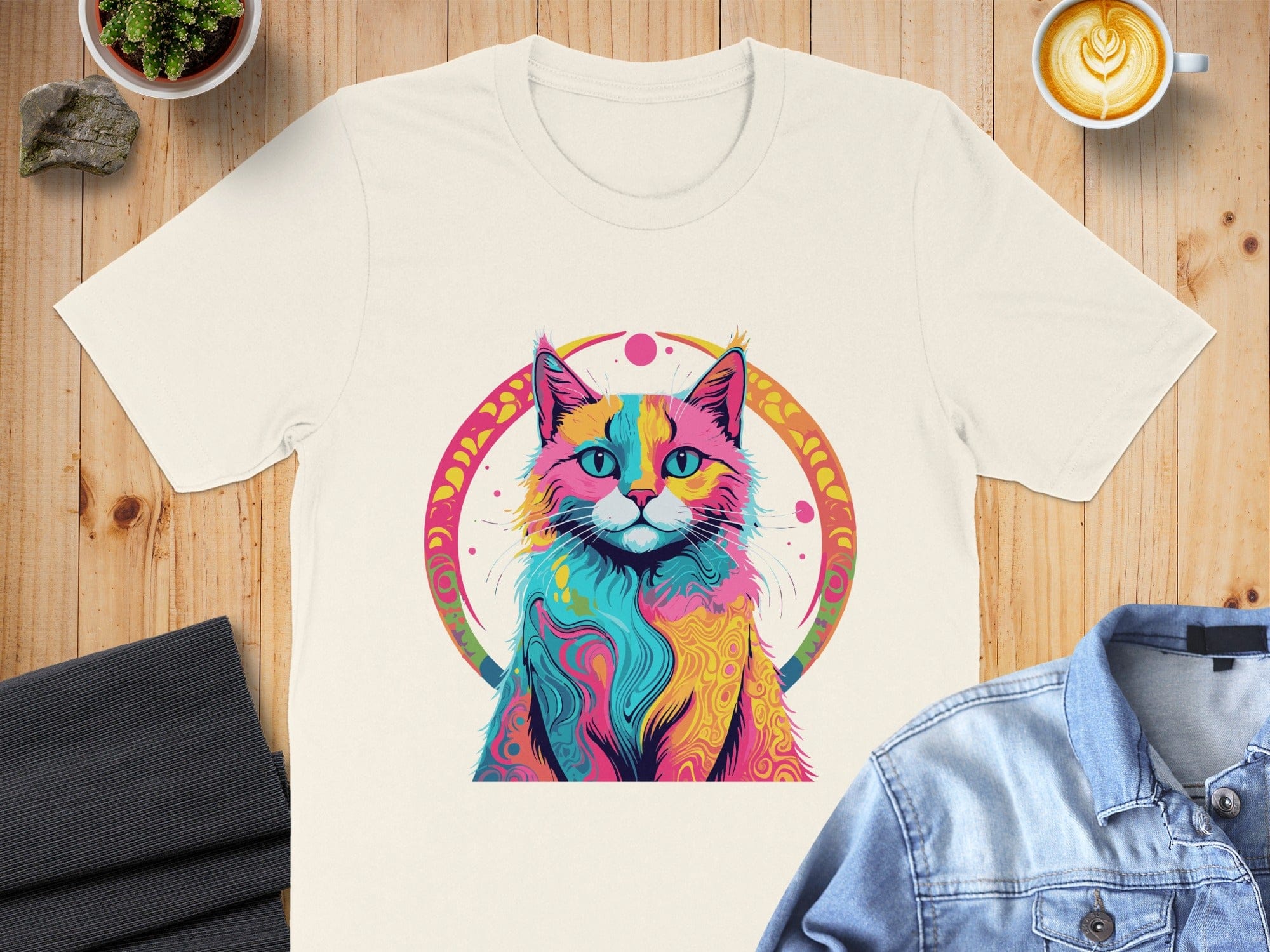 Vivid Colorful Cat Graphic Print White T-Shirt Product