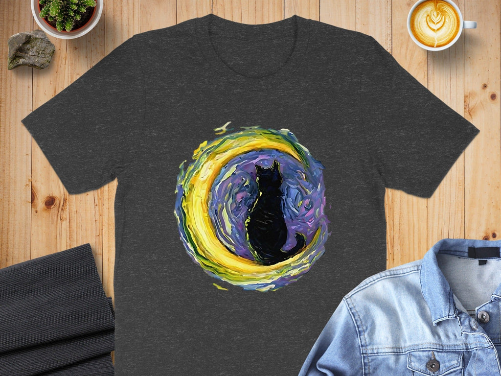 Starry Night Black Cat and Moon Art T-shirt Product