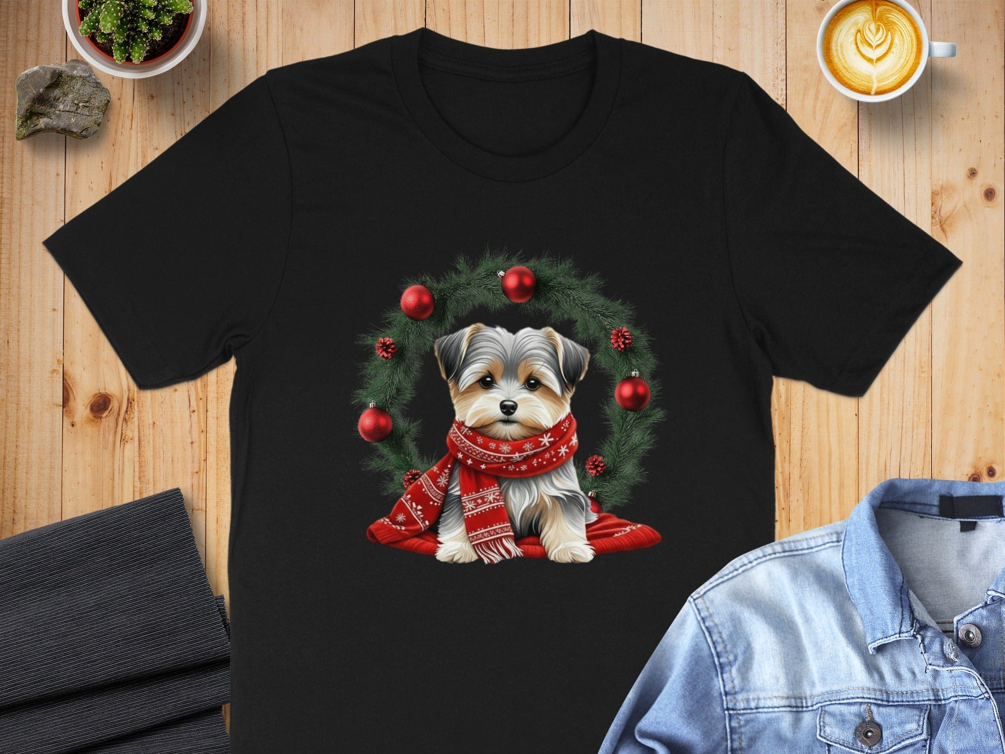 Cute Holiday Dog With Christmas Wreath Graphic T-shirt