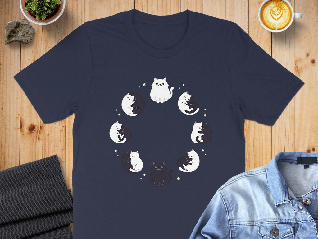 Cute Sleeping Cats Circle Design on Navy T-shirt
