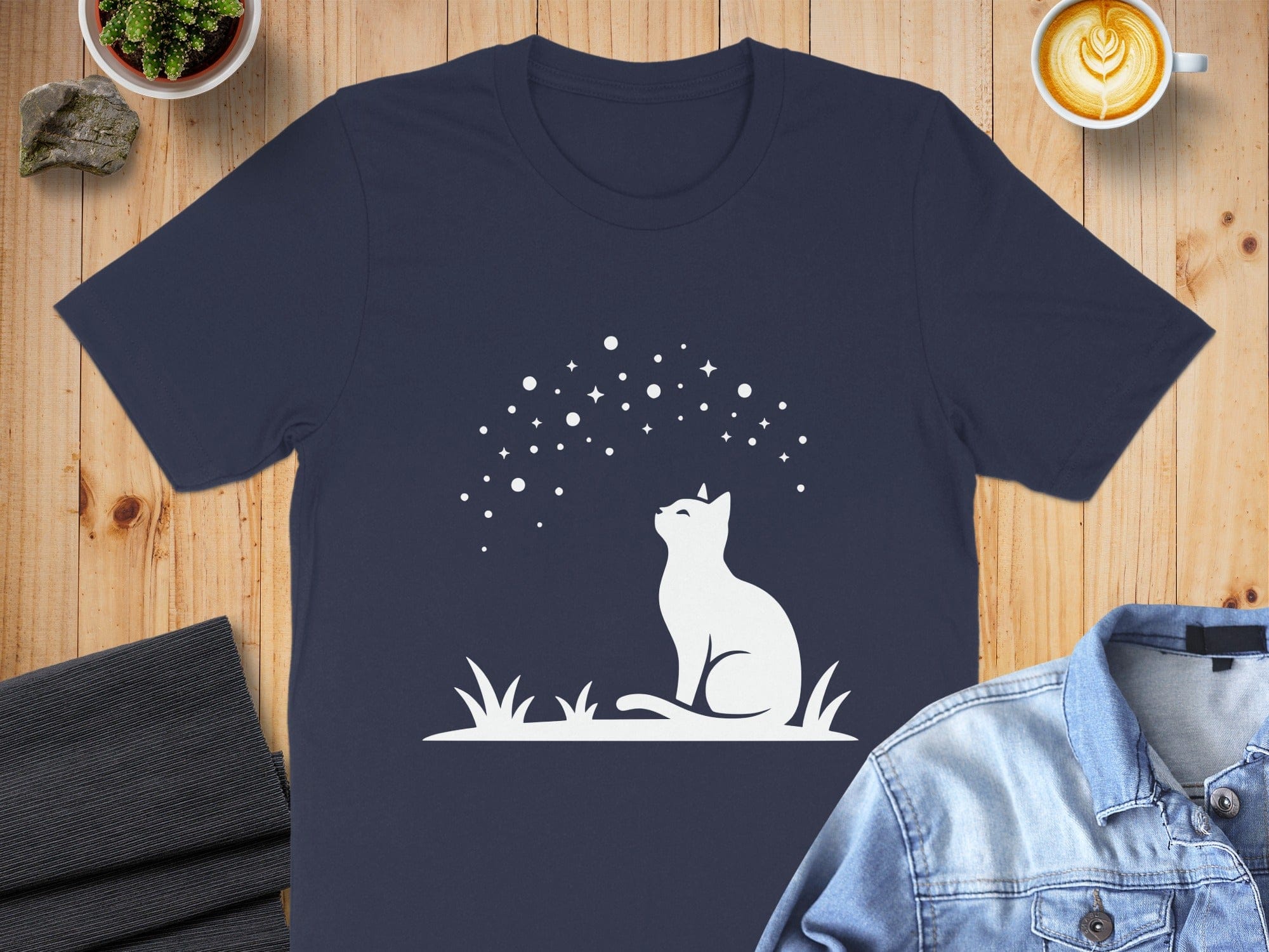 Starry Night Cat Silhouette Graphic T-Shirt