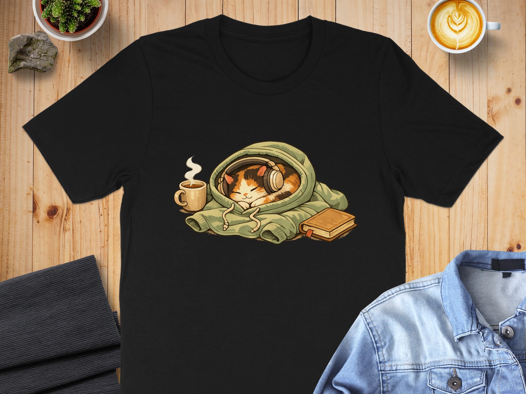 Cozy Cat with Coffee and Book Relaxing T-shirt