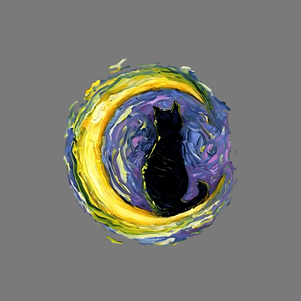 Abstract Painting of Cat and Moon in Swirling Colors Art
