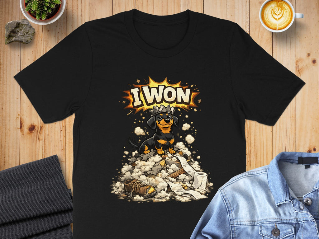 I WON Black T-Shirt with Cute Dog Graphic Design