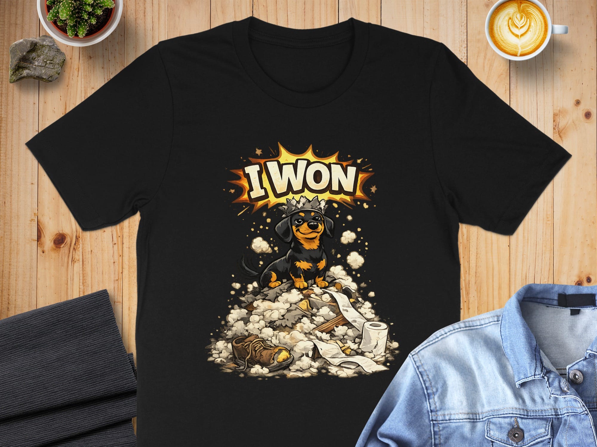 I WON Black T-Shirt with Cute Dog Graphic Design