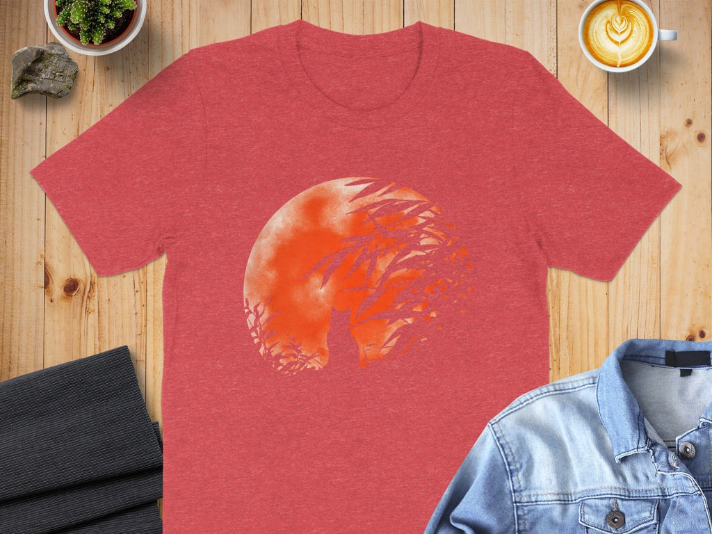 Red T-shirt with Cat and Full Moon Graphic Design