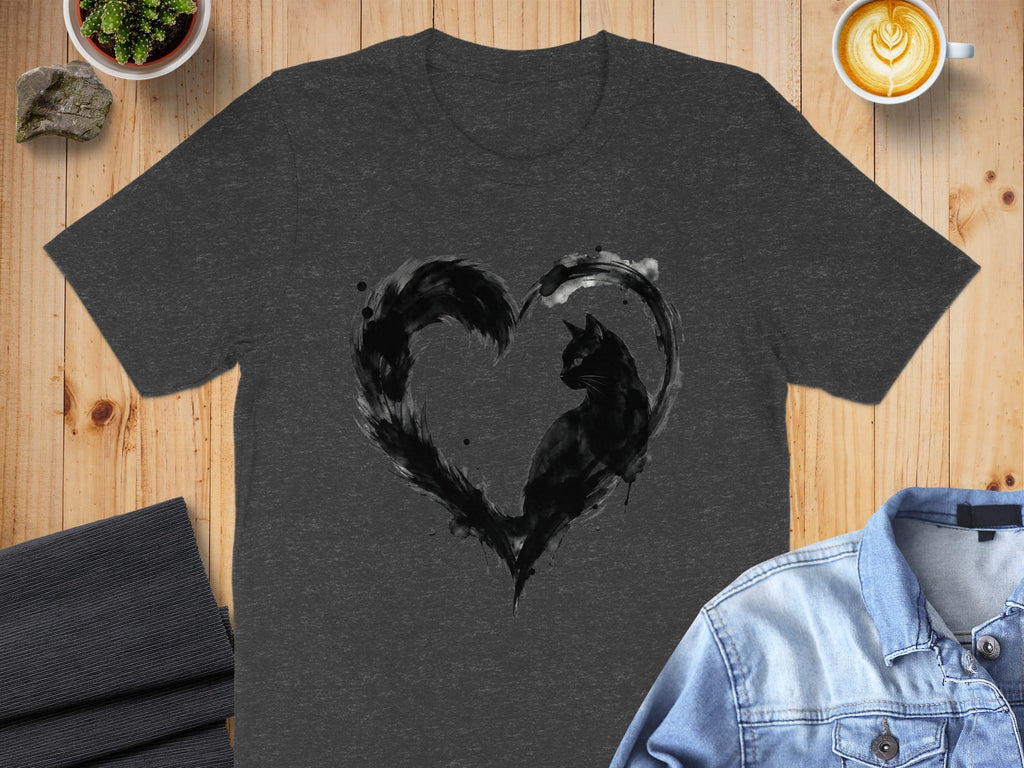 Artistic Black Cat Heart Shape Design Printed Tee