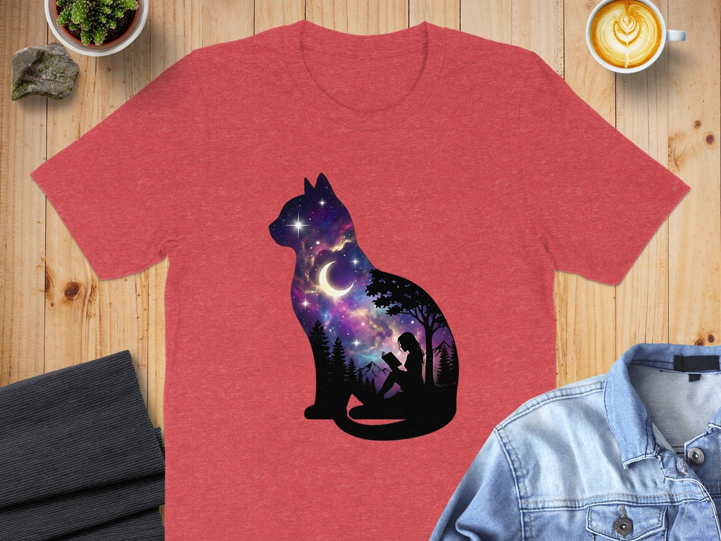 Starry Cat Silhouette with Book Reader T-Shirt