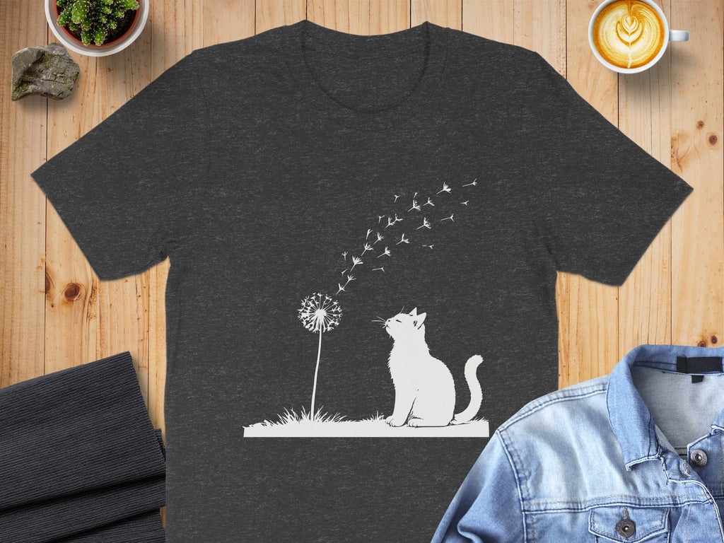 Whimsical Cat and Dandelion Graphic T-shirt