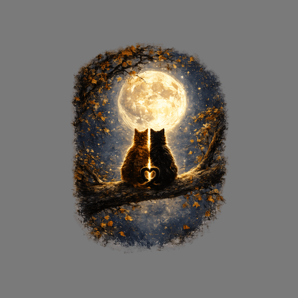 Cats Under Moonlight Romantic Art Print