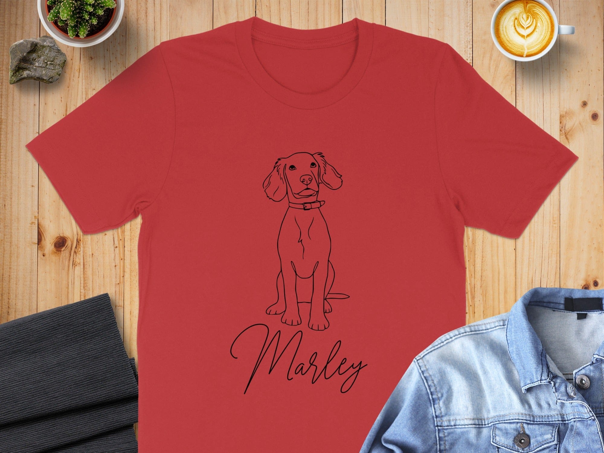 Red T-shirt with Sketch of Dog and Name Marley design