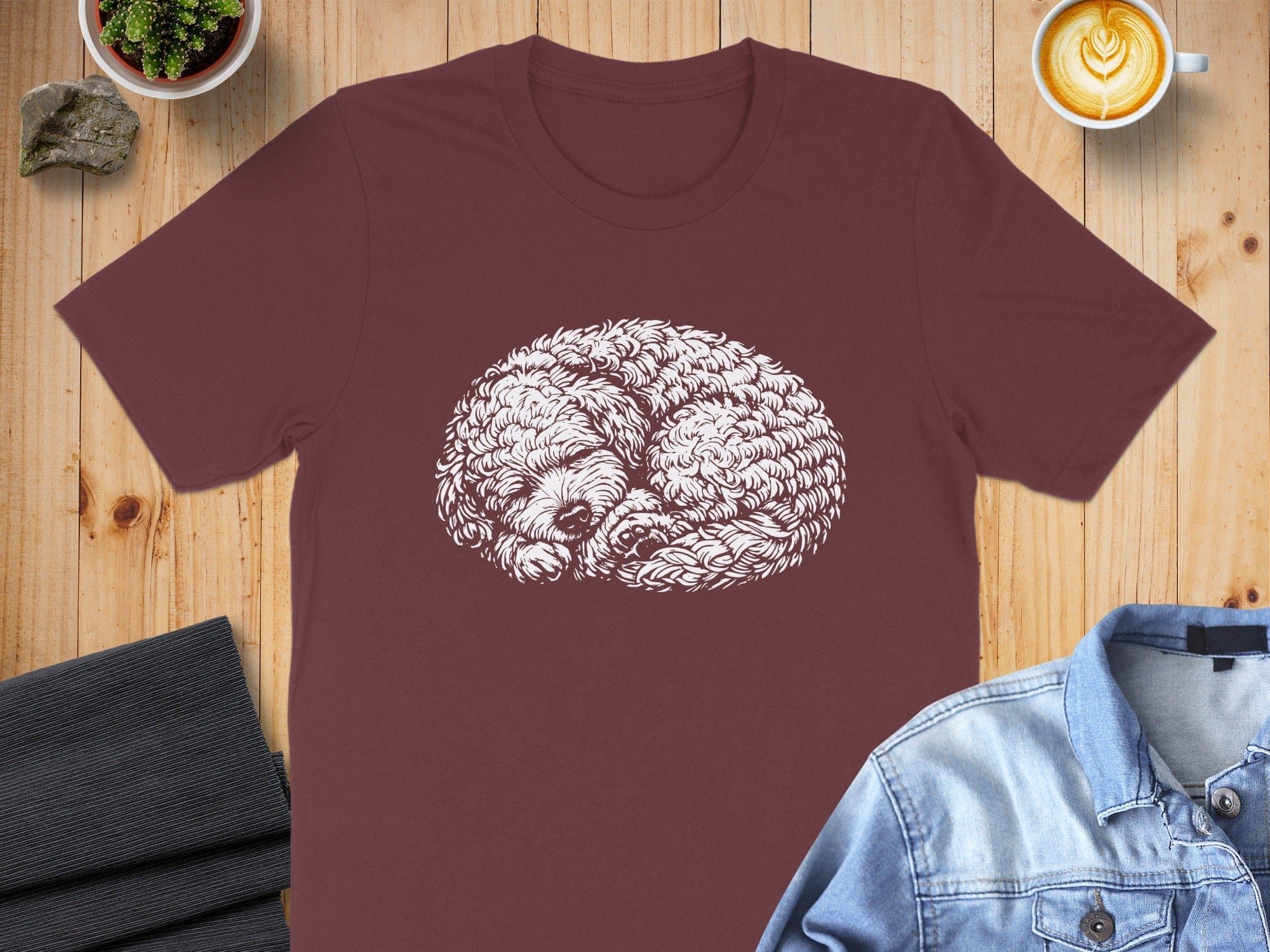 Cozy Poodle Illustration on Maroon Background Shirt