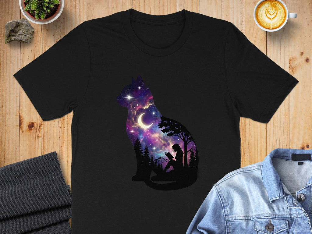 Starry Cat and Moonlight Night Scene T-shirt
