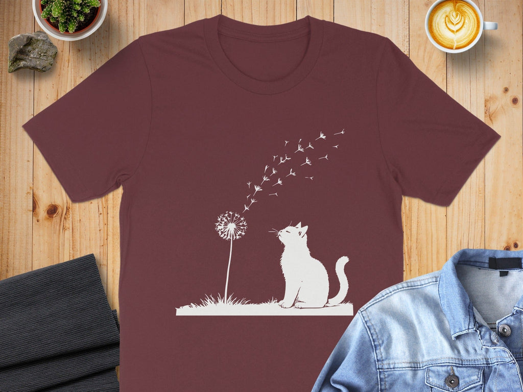 Cute Cat with Dandelion and Birds Printed Tee
