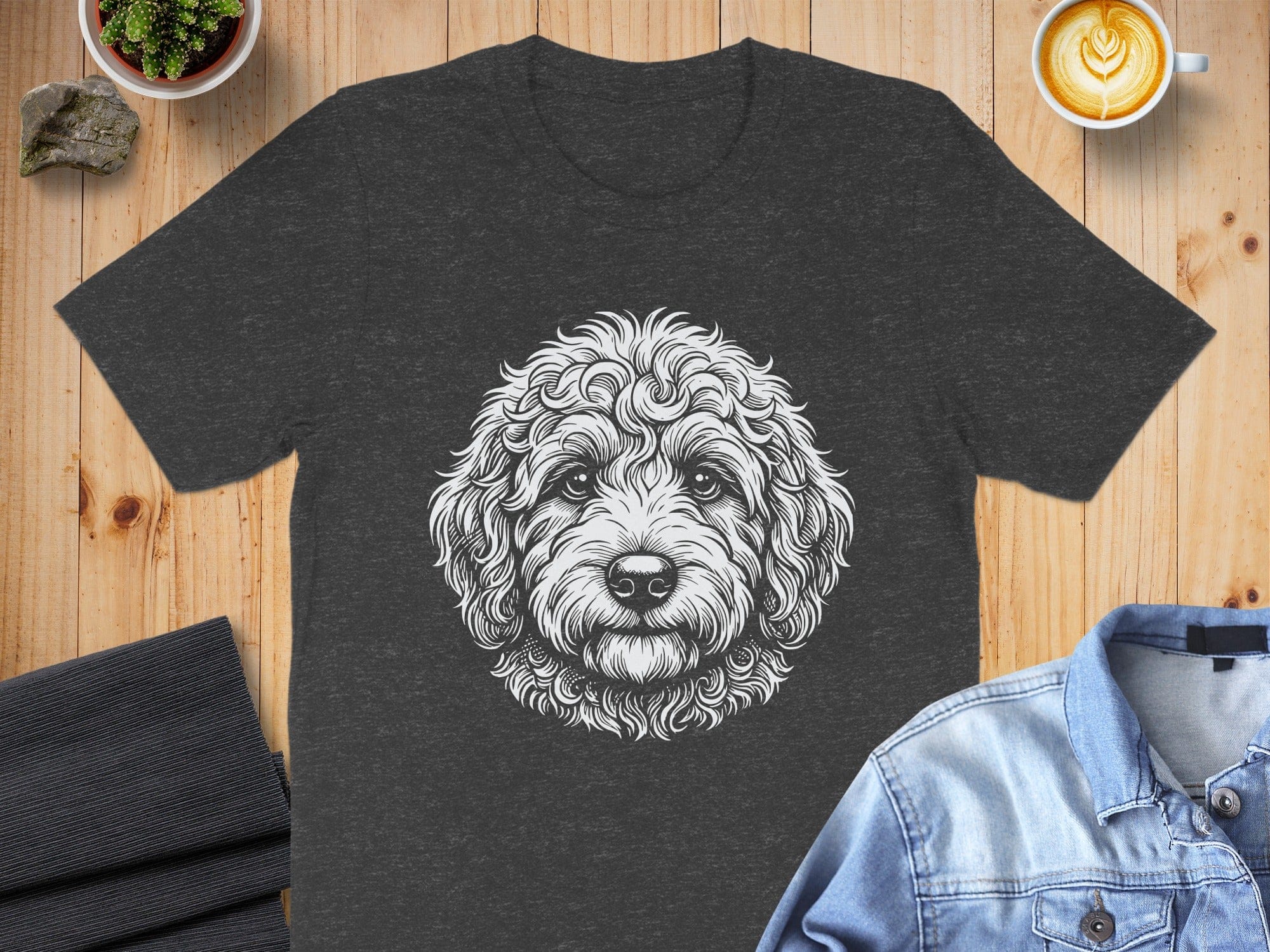 Cute Fluffy Dog Face Design Black T-Shirt Product
