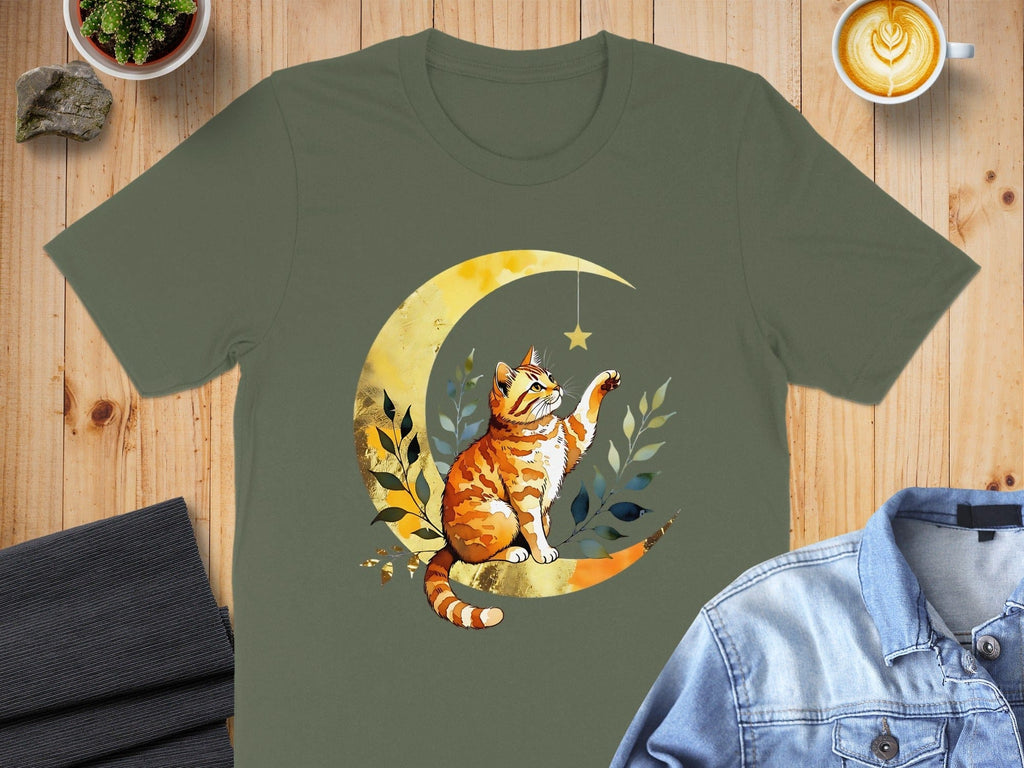 Playful Cat Reaching for Moon Graphic T-Shirt