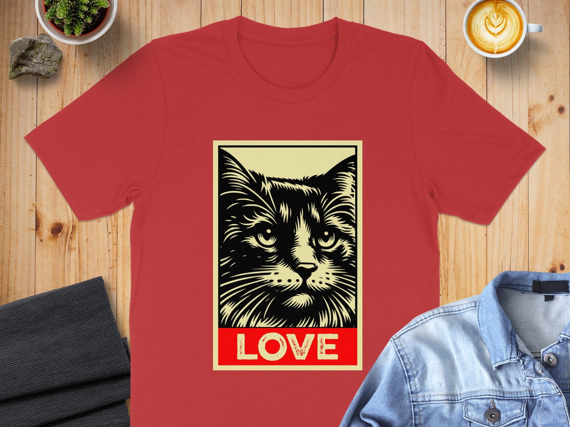 Red T-shirt with Cat Image and Love Text Design