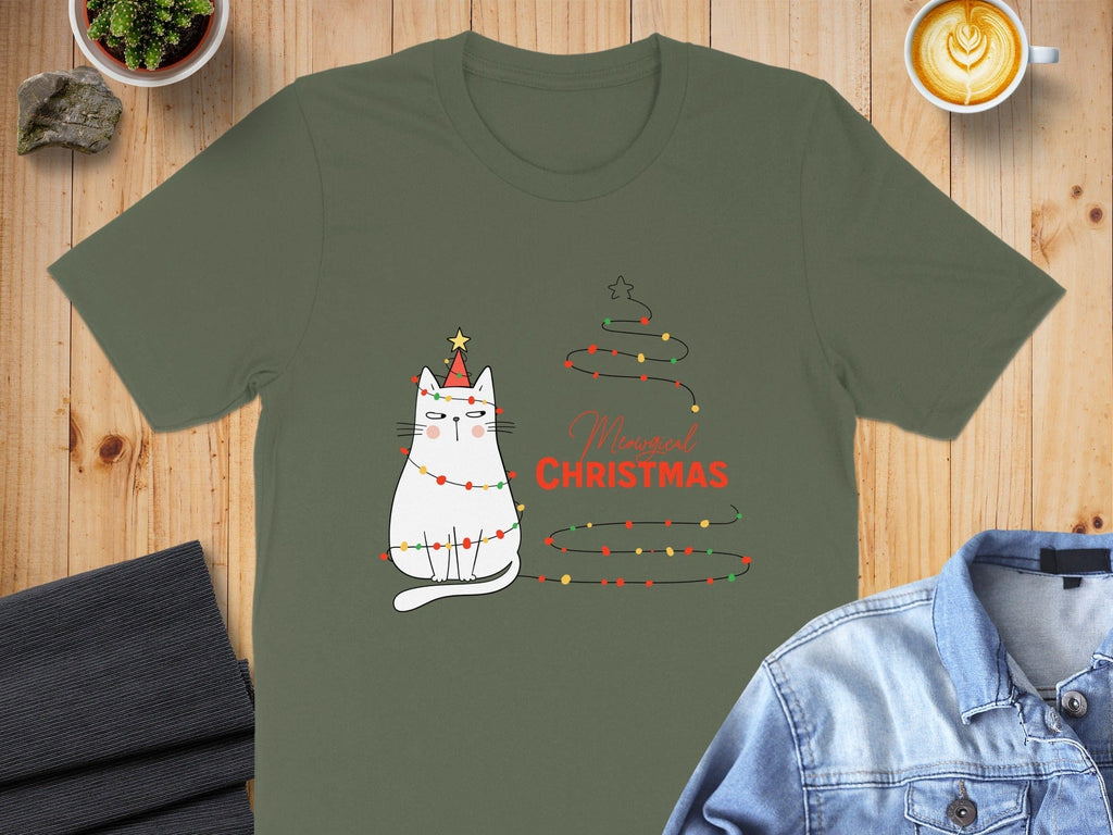 Magical Christmas Cat with Lights Design T-shirt