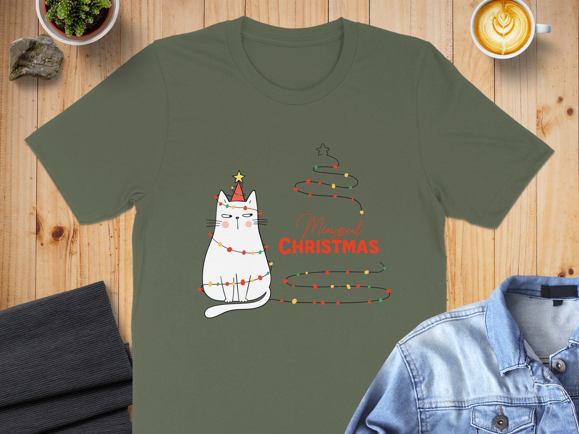 Magical Christmas Cat with Lights Design T-shirt