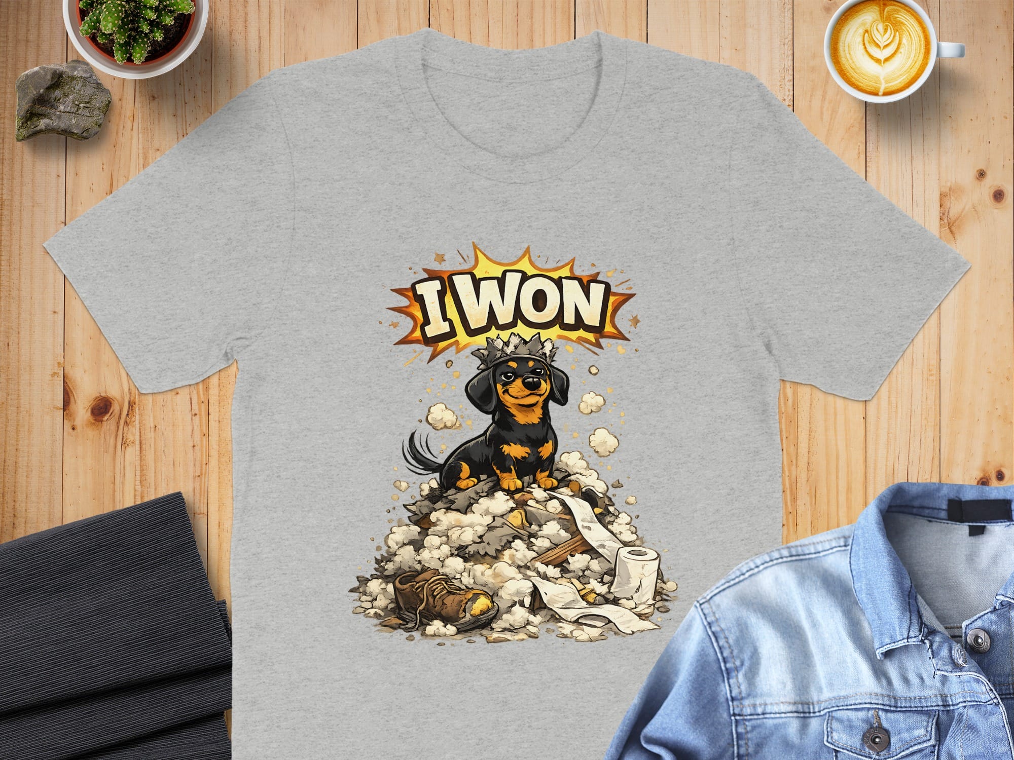 I Won Funny Cartoon Dog Graphic on Light Grey T-Shirt