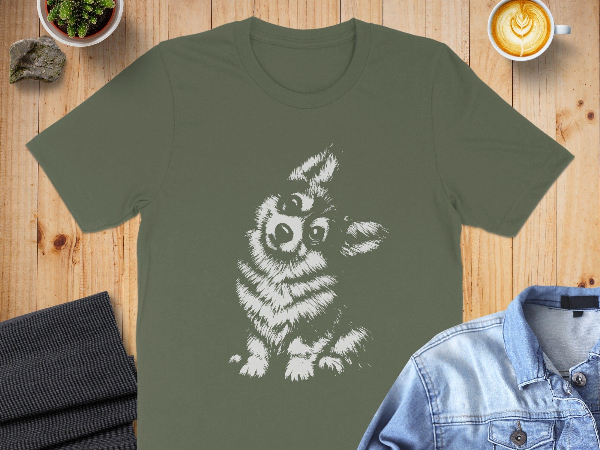 Adorable Dog Illustration on Green Shirt