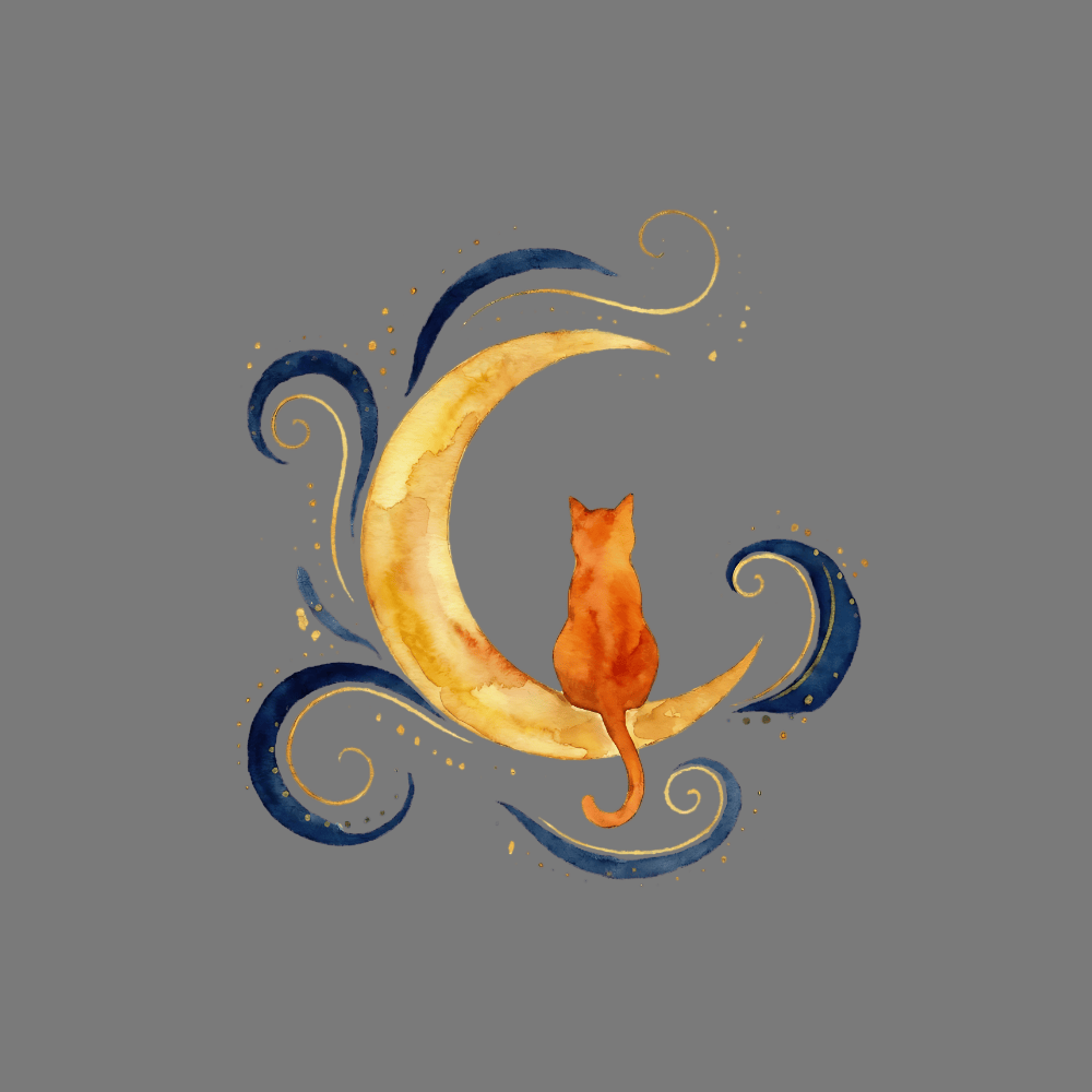 Watercolor Cat Sitting on Crescent Moon Artwork