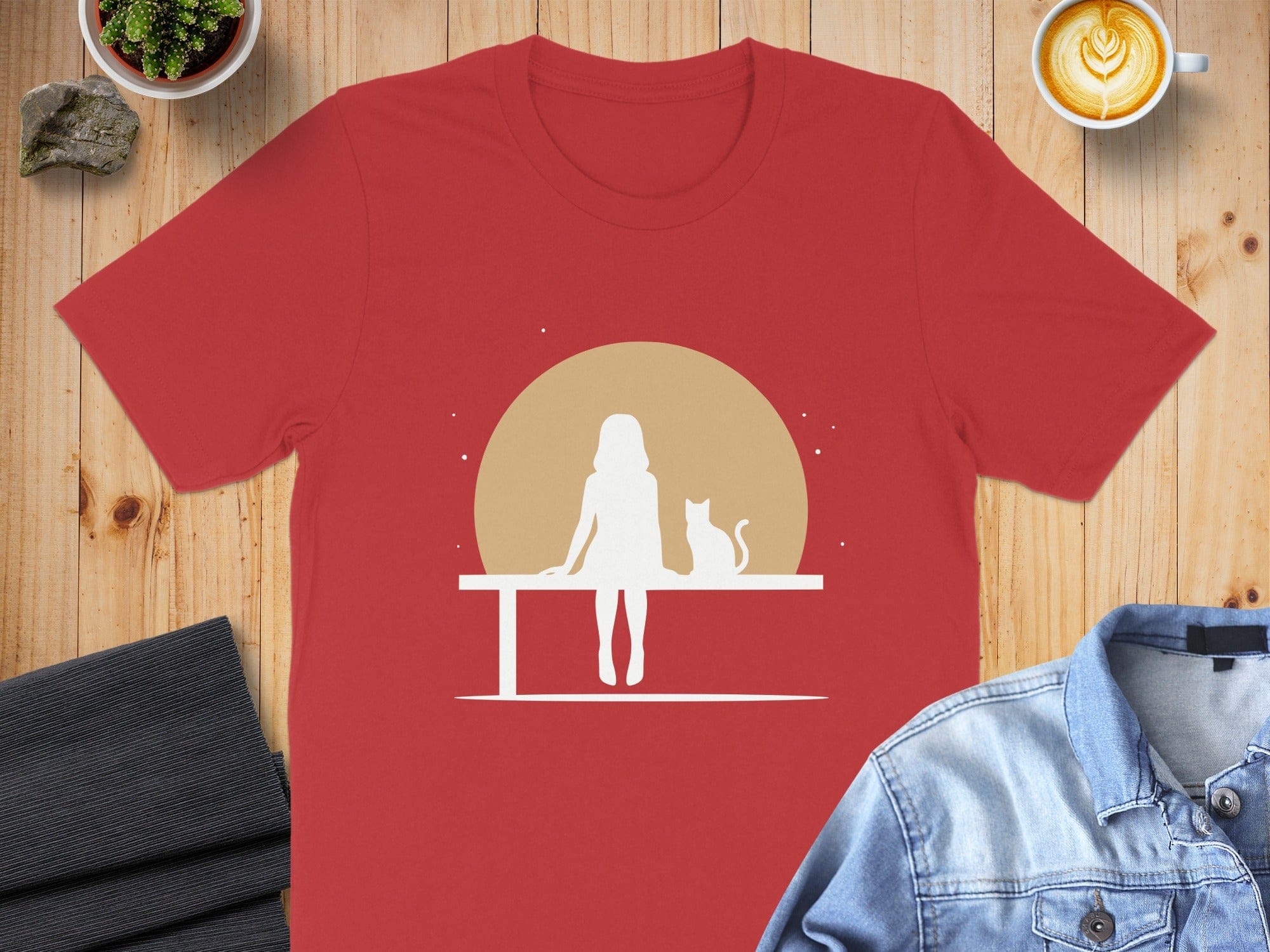 Woman and Cat Silhouette with Moon T-shirt