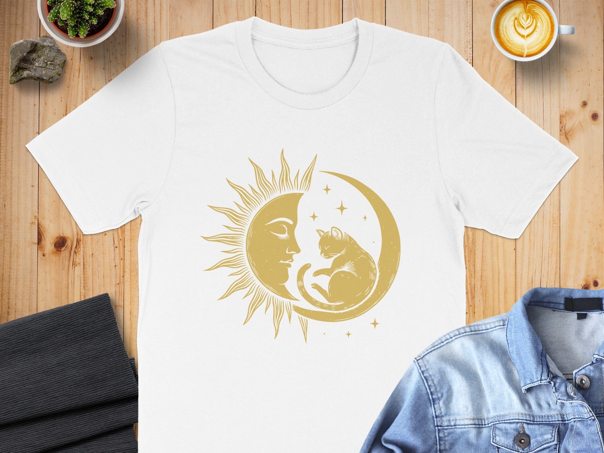 Sun and Moon Cat Design Graphic T-shirt
