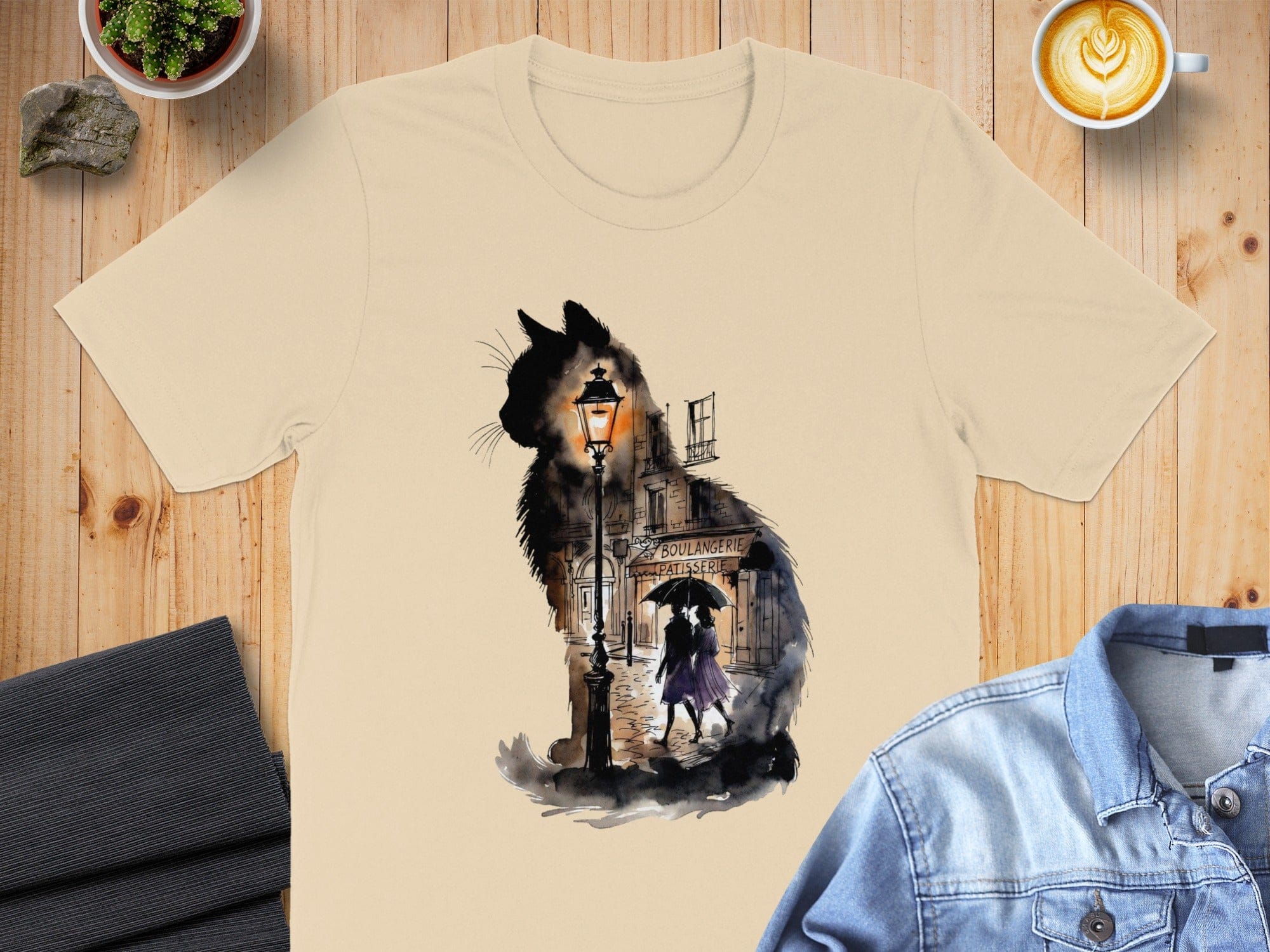 Vintage Cat and Streetlight Design T-Shirt