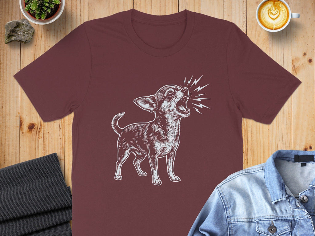 Expressive Dog Artwork Design on Maroon T-Shirt