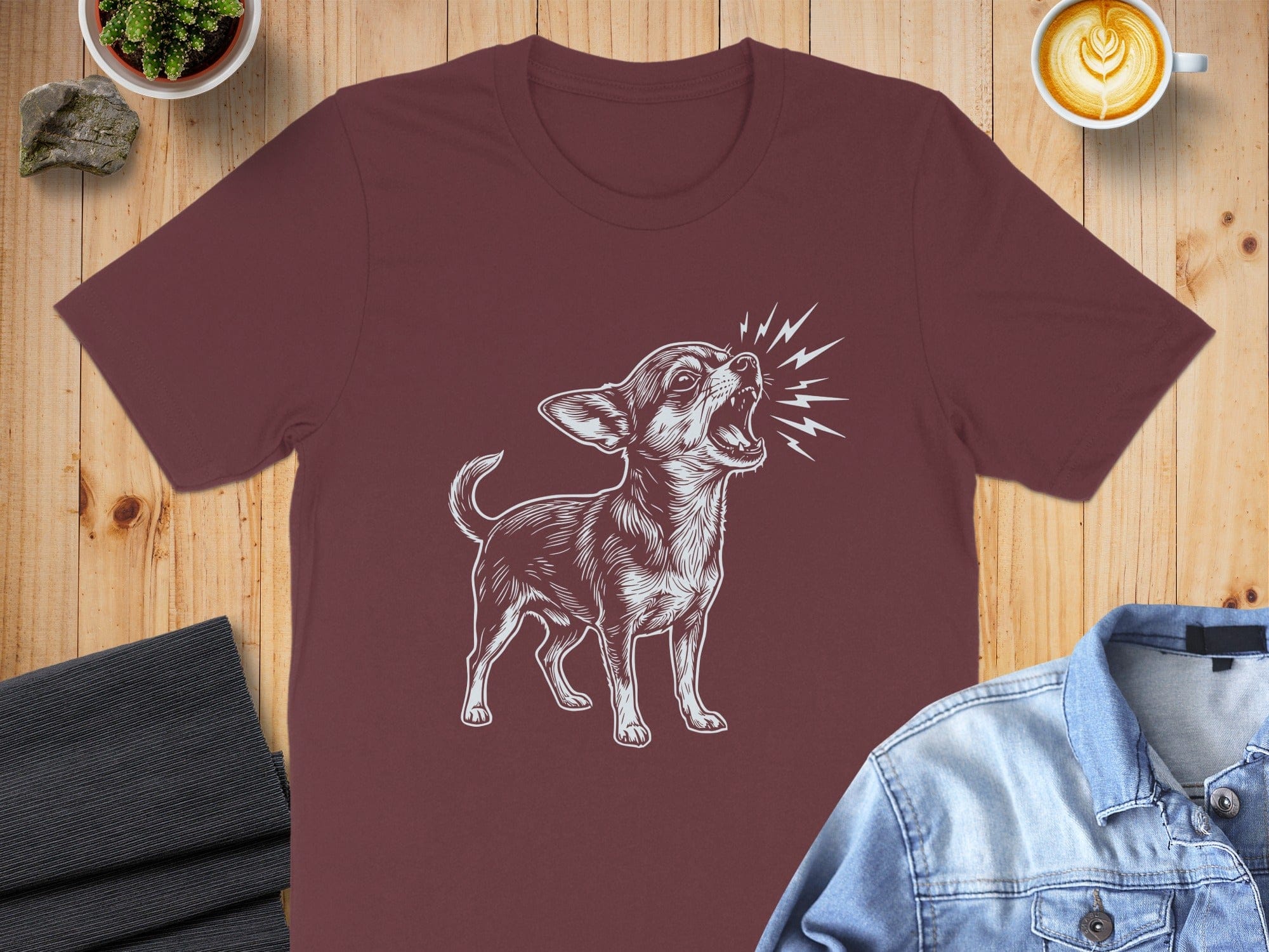 Expressive Dog Artwork Design on Maroon T-Shirt