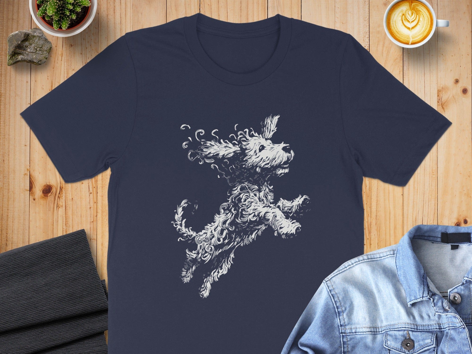 Adorable Fluffy Dog Graphic Design on Navy T-shirt