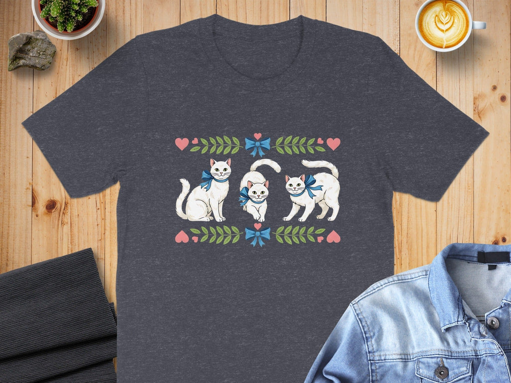 Playful Cats and Hearts Design on Dark Grey Shirt