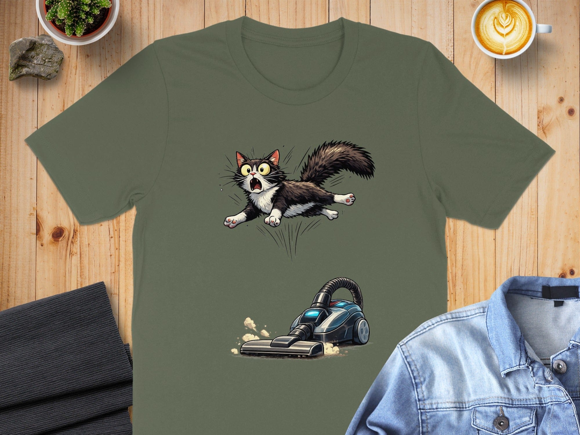Funny Cat Jumping from Vacuum Cleaner Graphic T-shirt