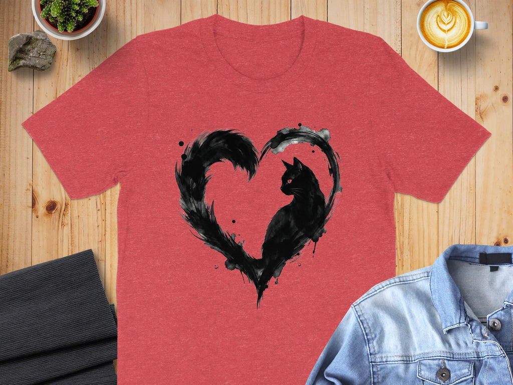 Black Cat Heart Shape Design on Red T-Shirt