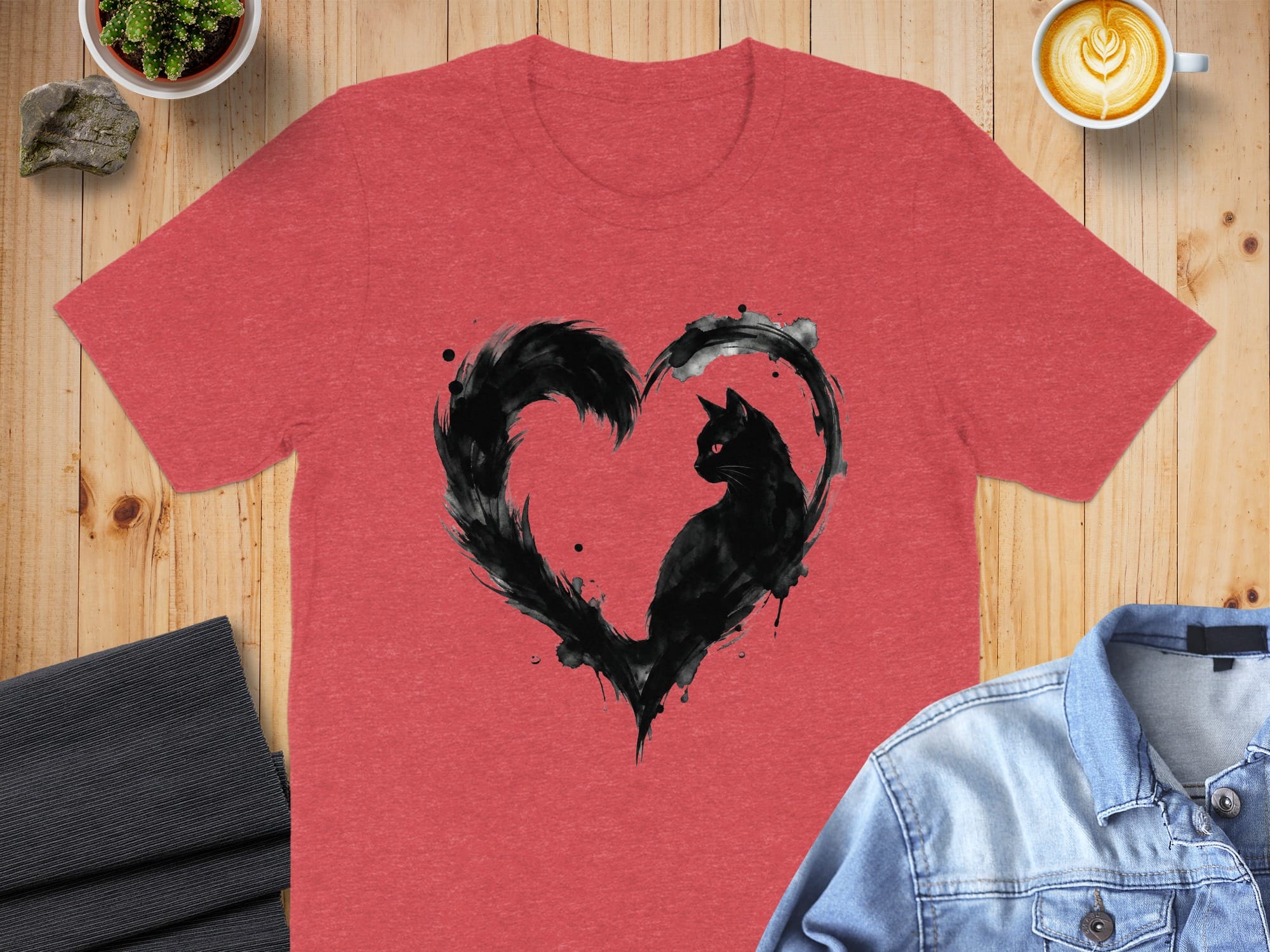 Black Cat Heart Shape Design on Red T-Shirt