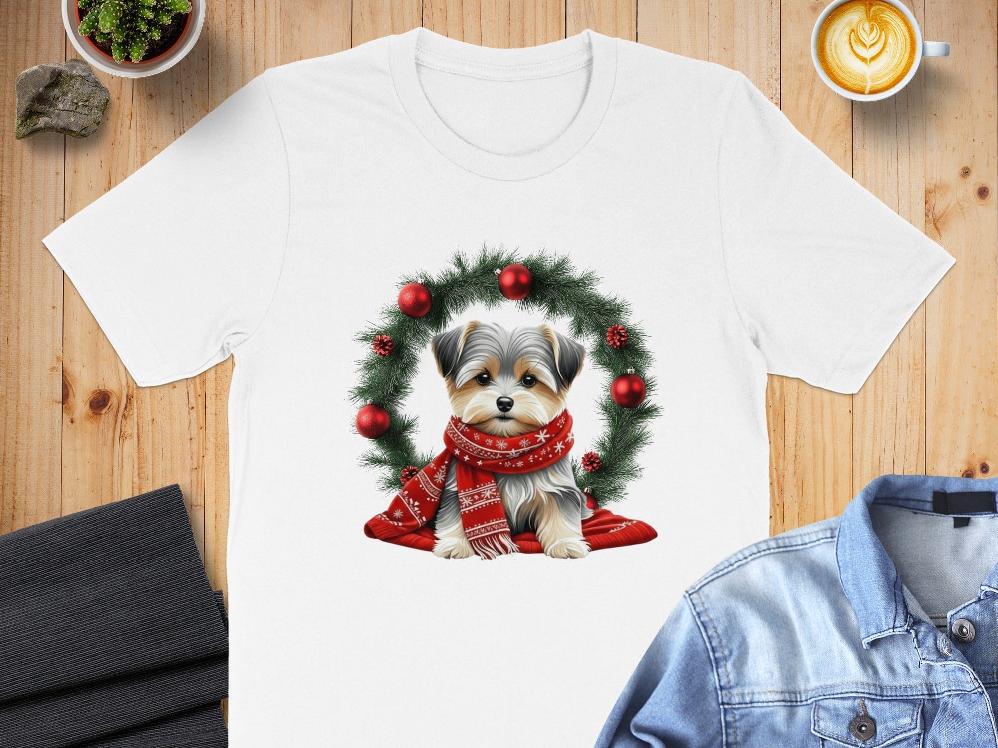 Adorable Puppy in Festive Wreath Printed T-Shirt