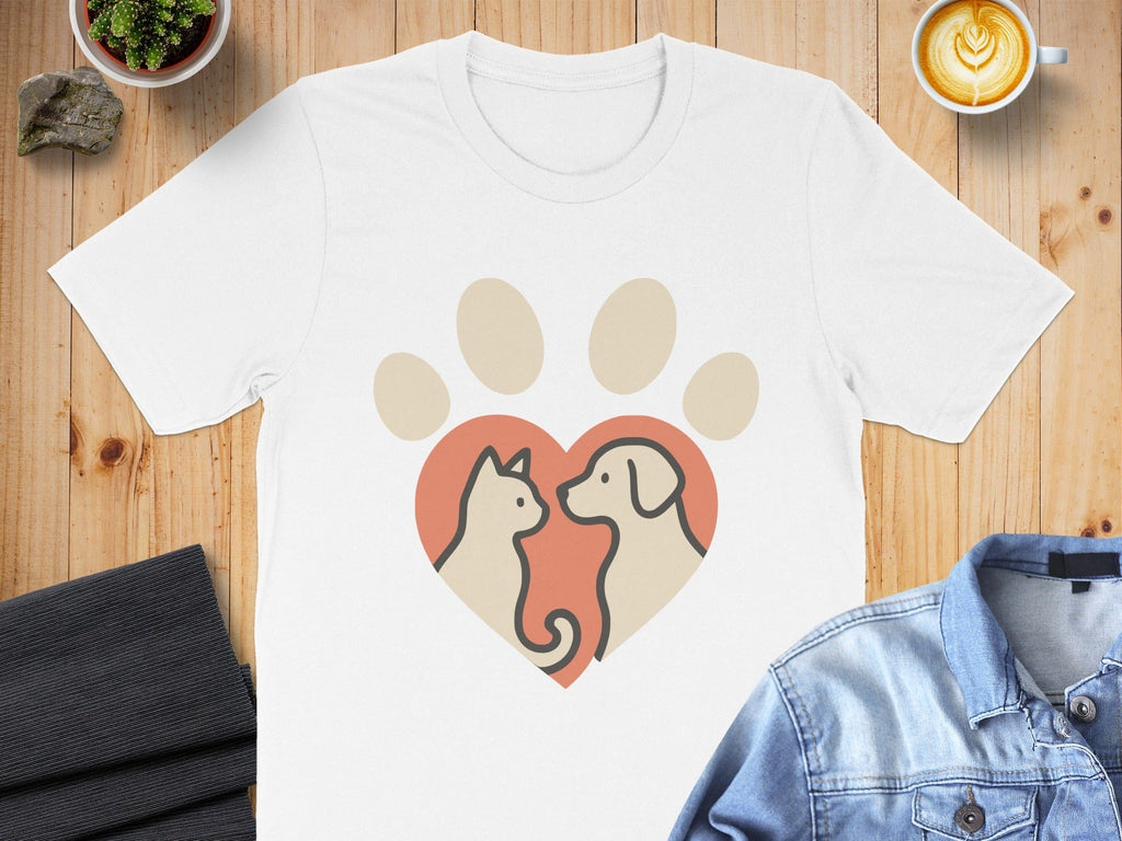 Cute Cat and Dog in Heart Shape Paw Print T-shirt