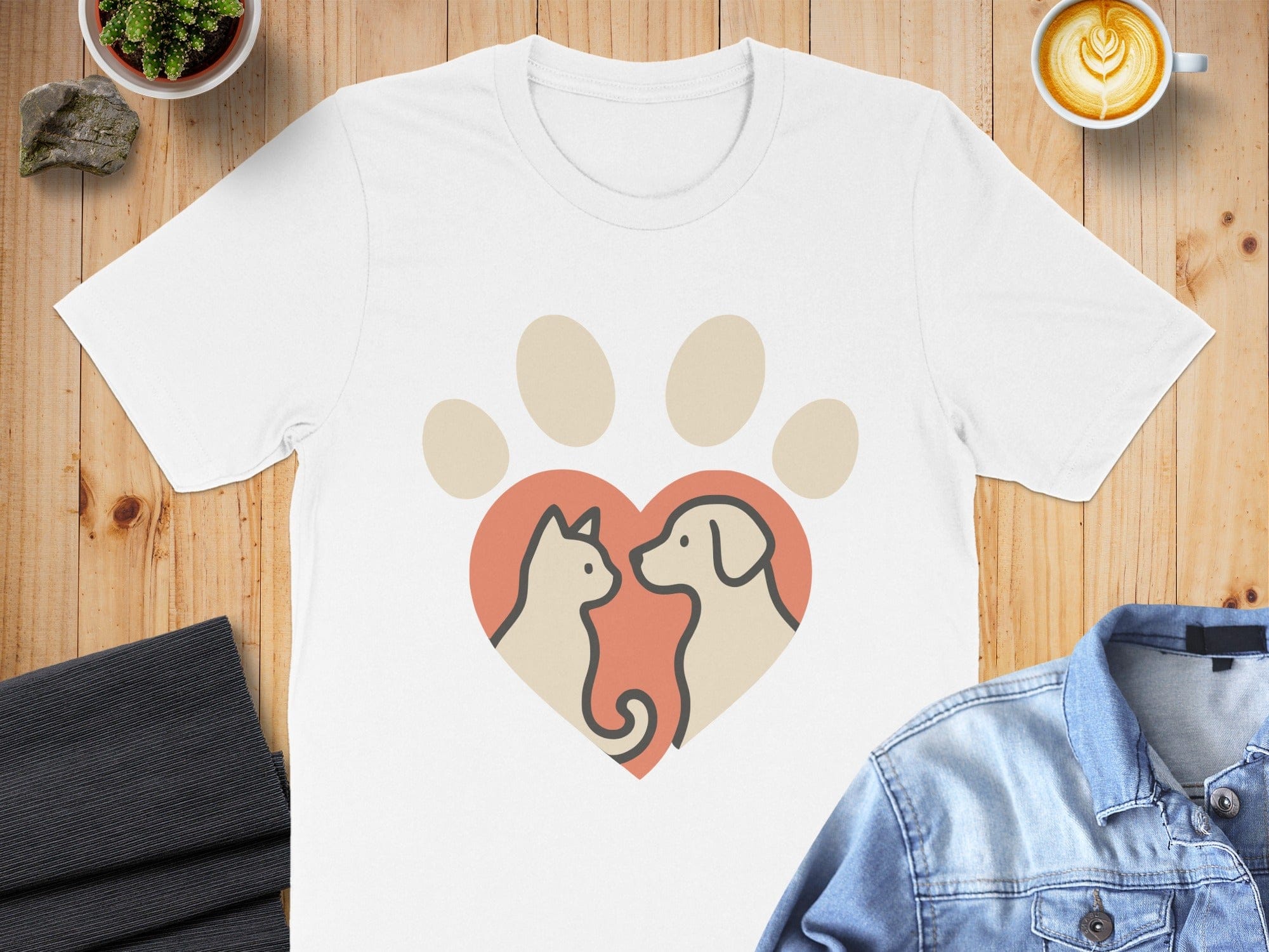 Cute Cat and Dog in Heart Shape Paw Print T-shirt