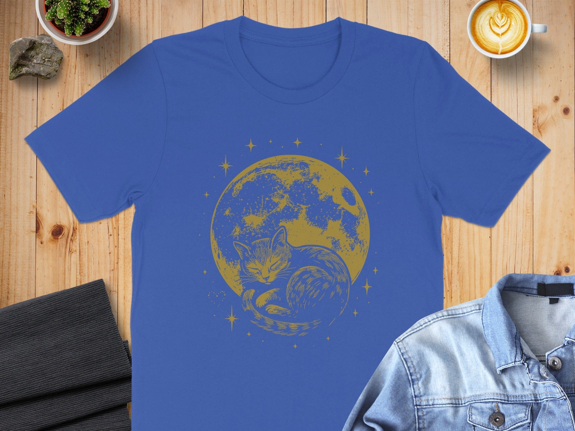 Blue T-Shirt with Cat Sleeping on Moon Design