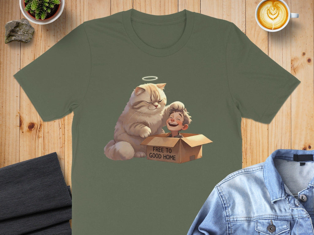 Cute Cartoon Cat and Happy Child Design T-Shirt