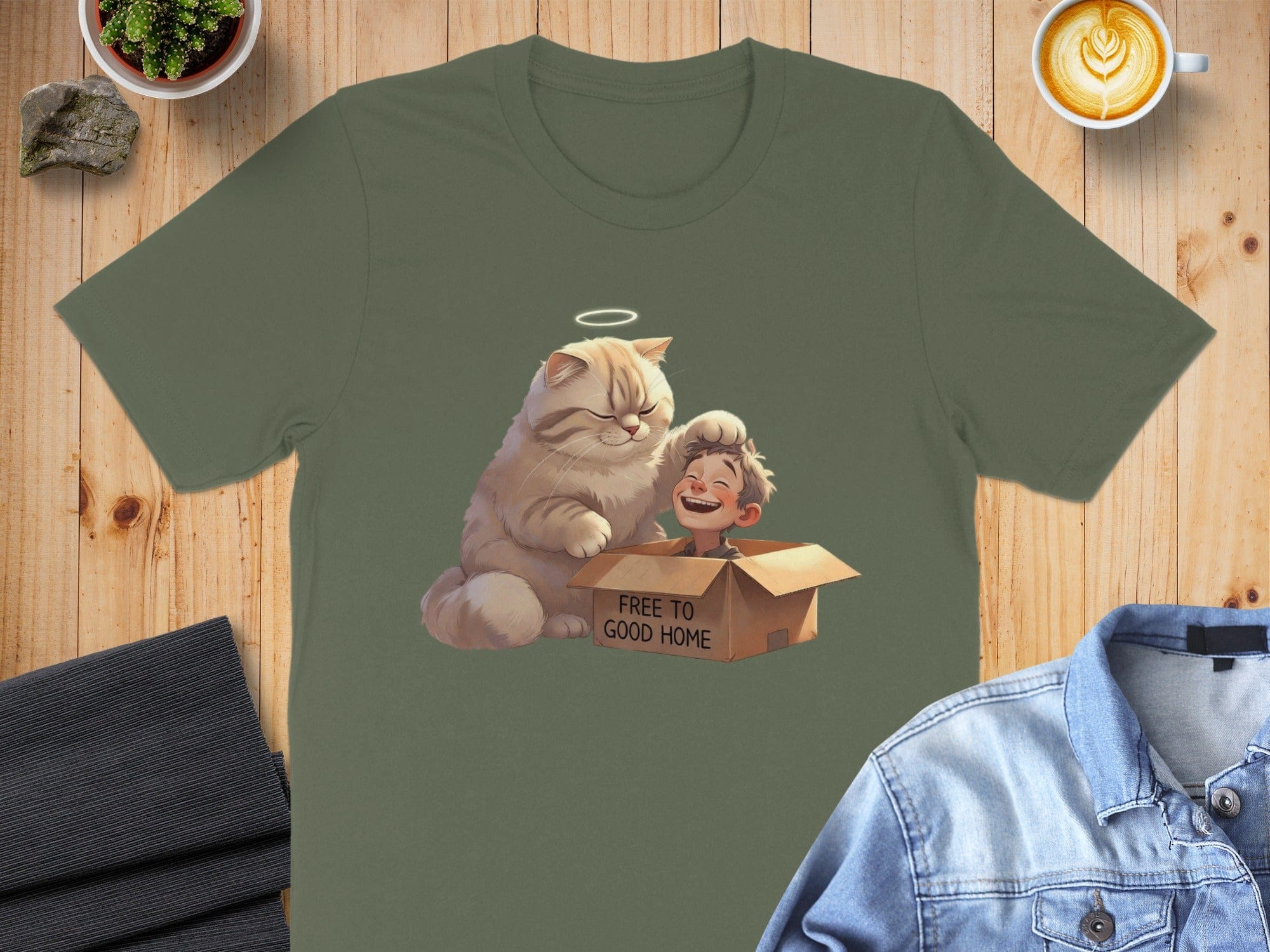 Cute Cartoon Cat and Happy Child Design T-Shirt