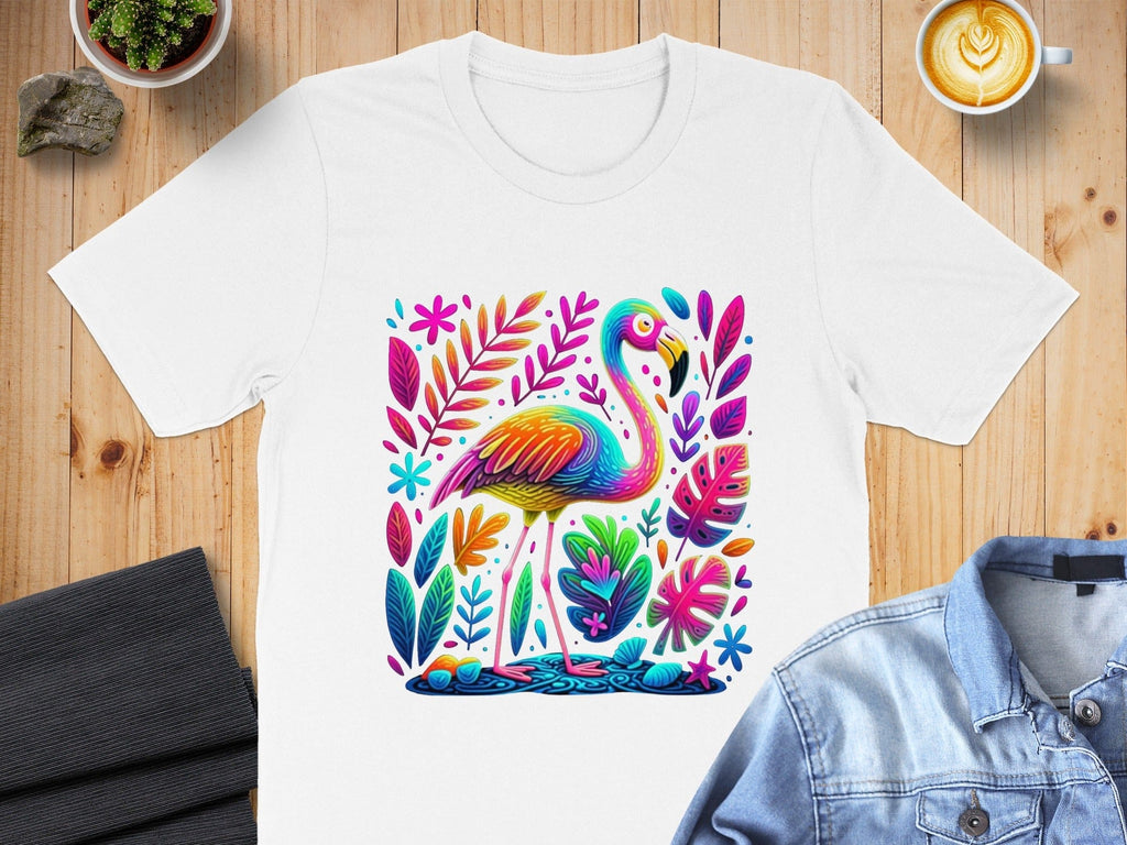 Colorful Floral Flamingo Design White T-shirt