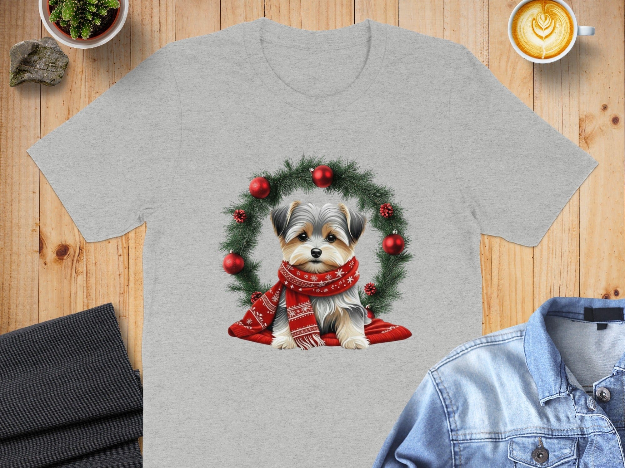 Adorable Holiday Puppy with Wreath Graphic T-Shirt