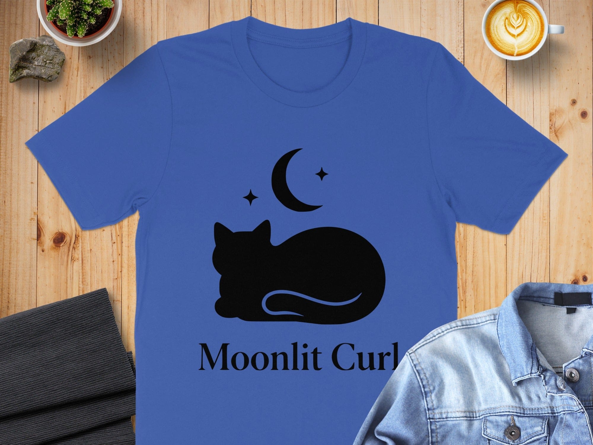 Moonlit Curl Cat Graphic on a Blue Short Sleeve T-Shirt