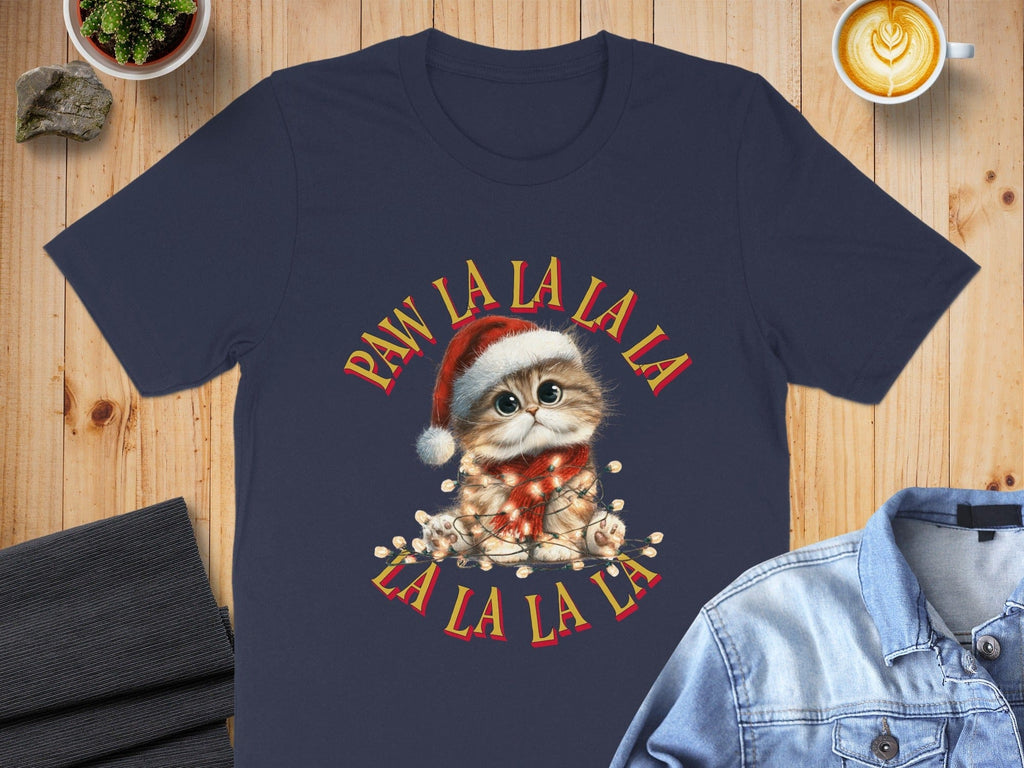 Cute Christmas Kitten Santa Hat Paw La La La T-Shirt