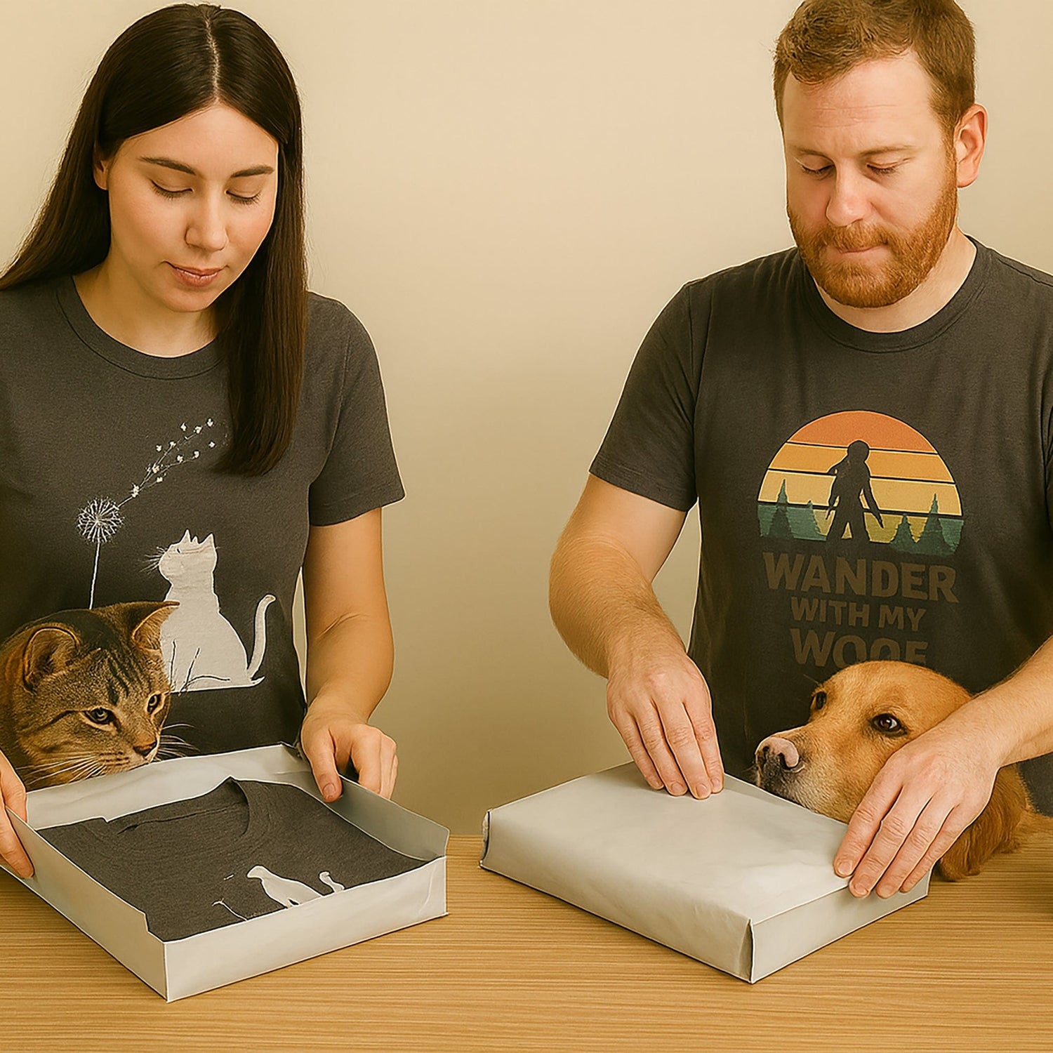 Two people with pets looking at t-shirts in boxes on a wooden table.